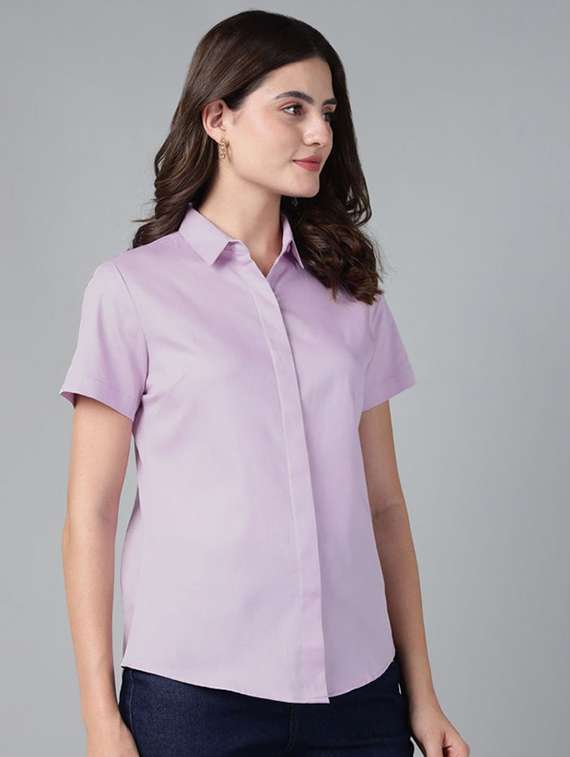 women solid collared short sleeve shirt - 22038517 -  Standard Image - 1