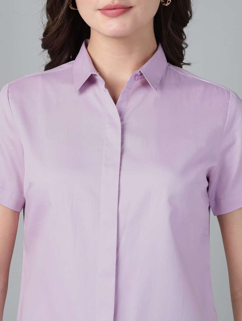 women solid collared short sleeve shirt - 22038519 -  Standard Image - 4