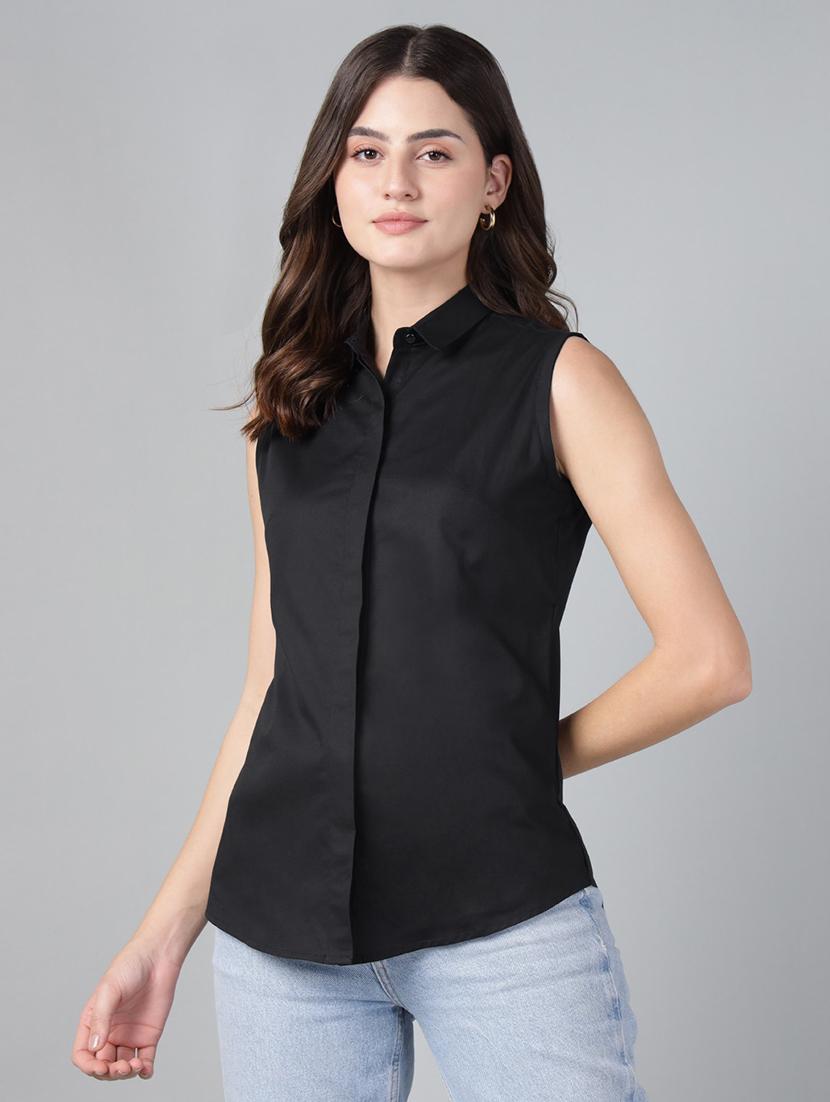 women solid collared sleeveless shirt - 22038522 - Zoom Image - 0