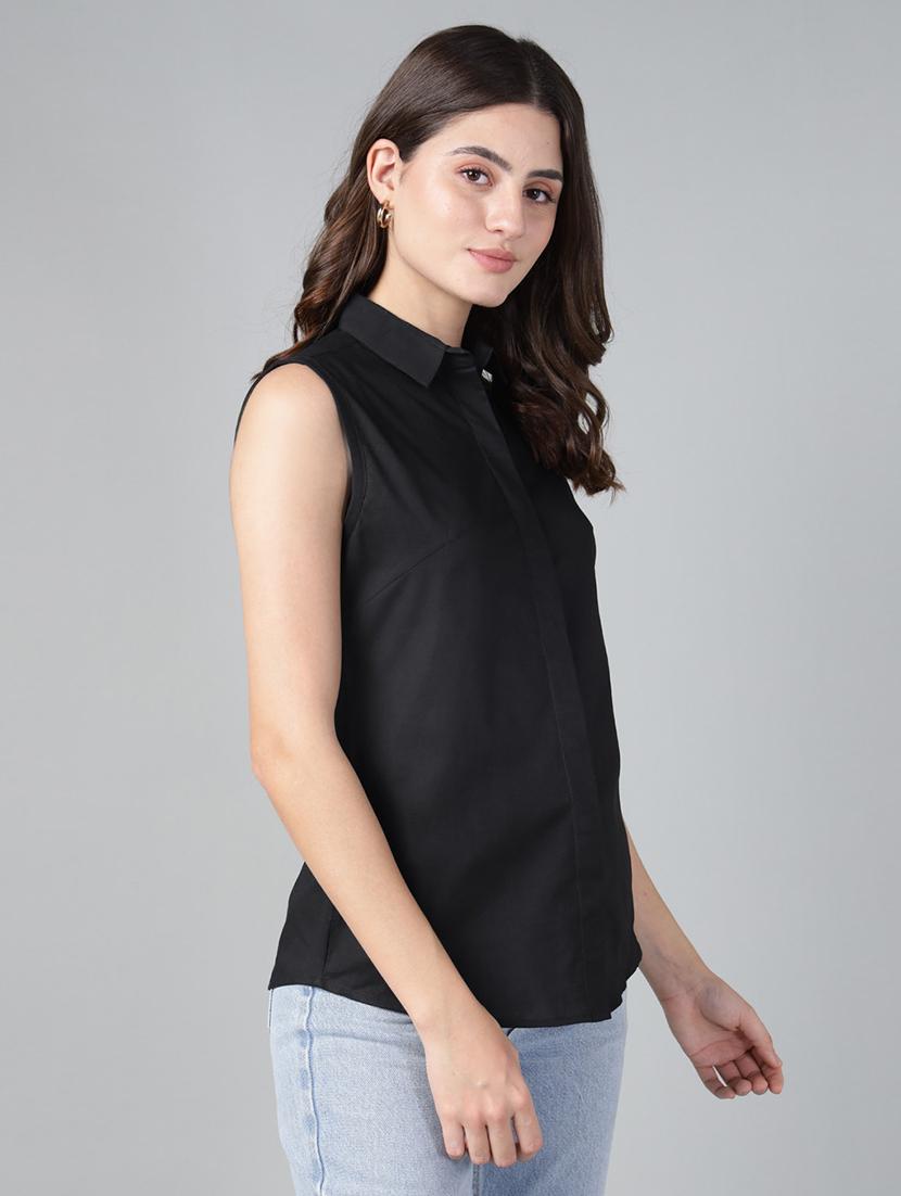 women solid collared sleeveless shirt - 22038522 - Standard Image - 1