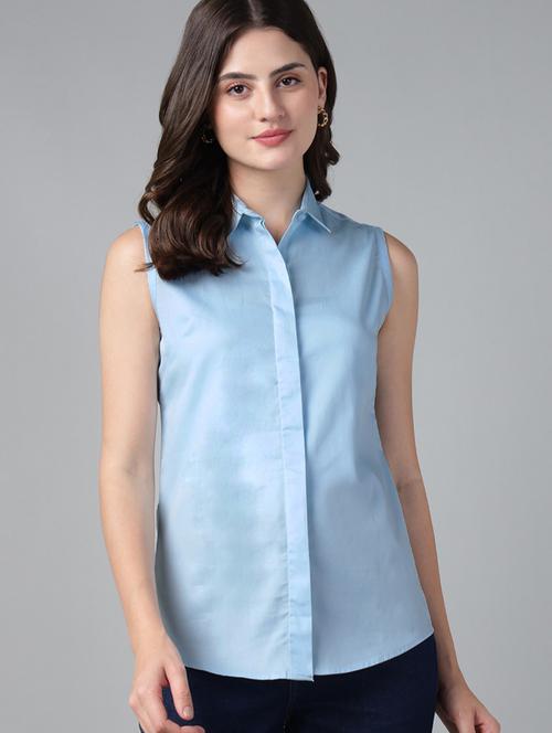 women solid collared sleeveless shirt - 22038524 - Standard Image - 0