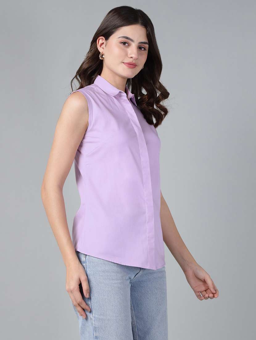 women solid collared sleeveless shirt - 22038525 -  Standard Image - 1