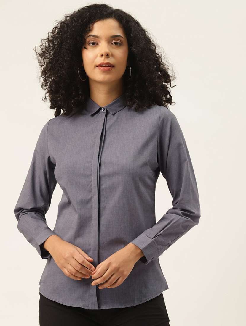 women solid collared long sleeve shirt