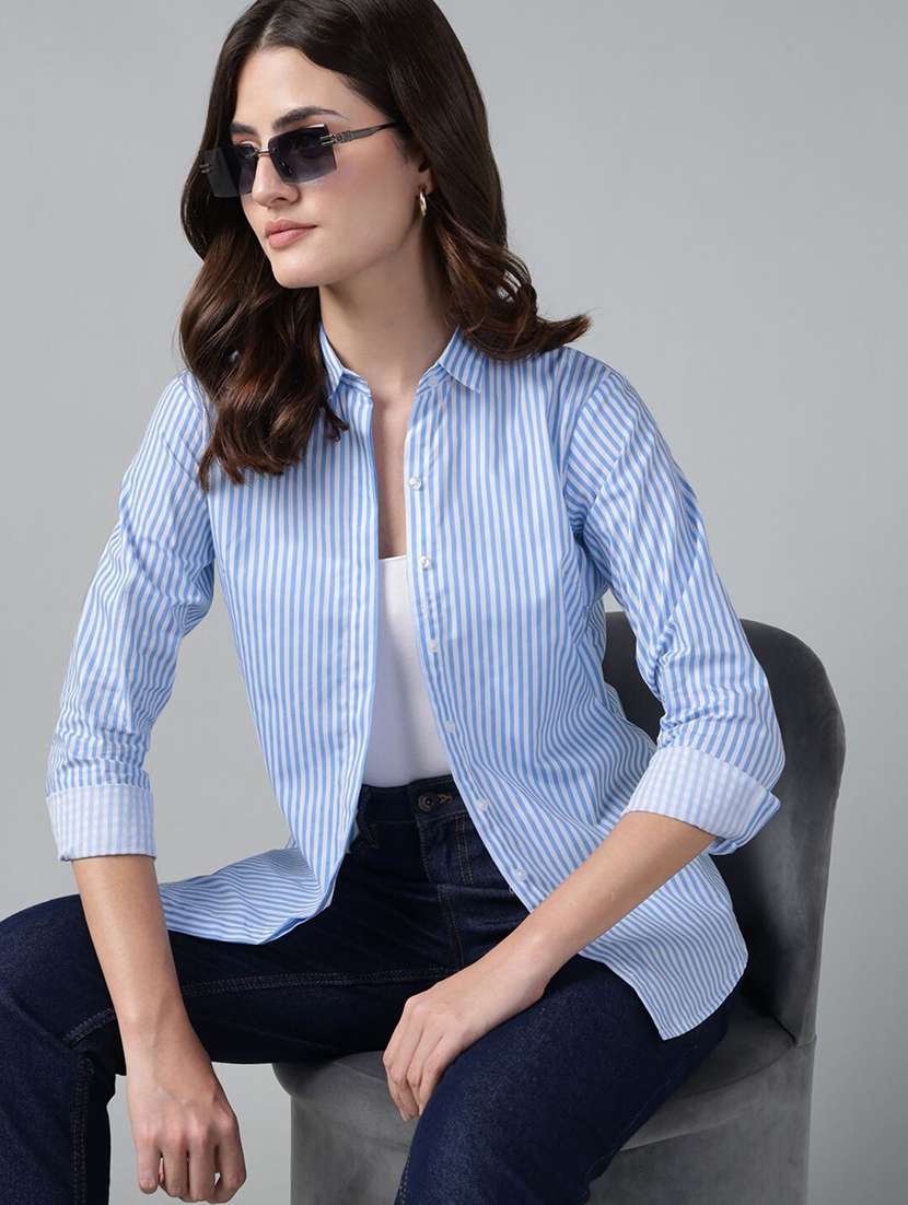 women striped collared long sleeve shirt