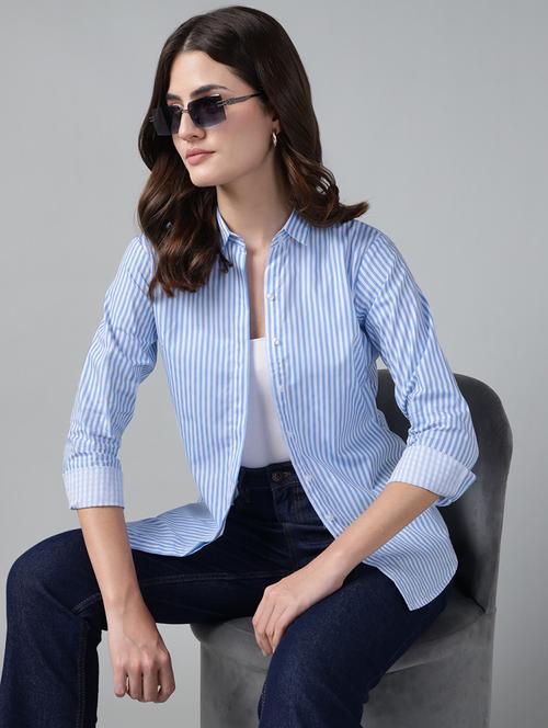 women striped collared long sleeve shirt - 22038531 - Standard Image - 0