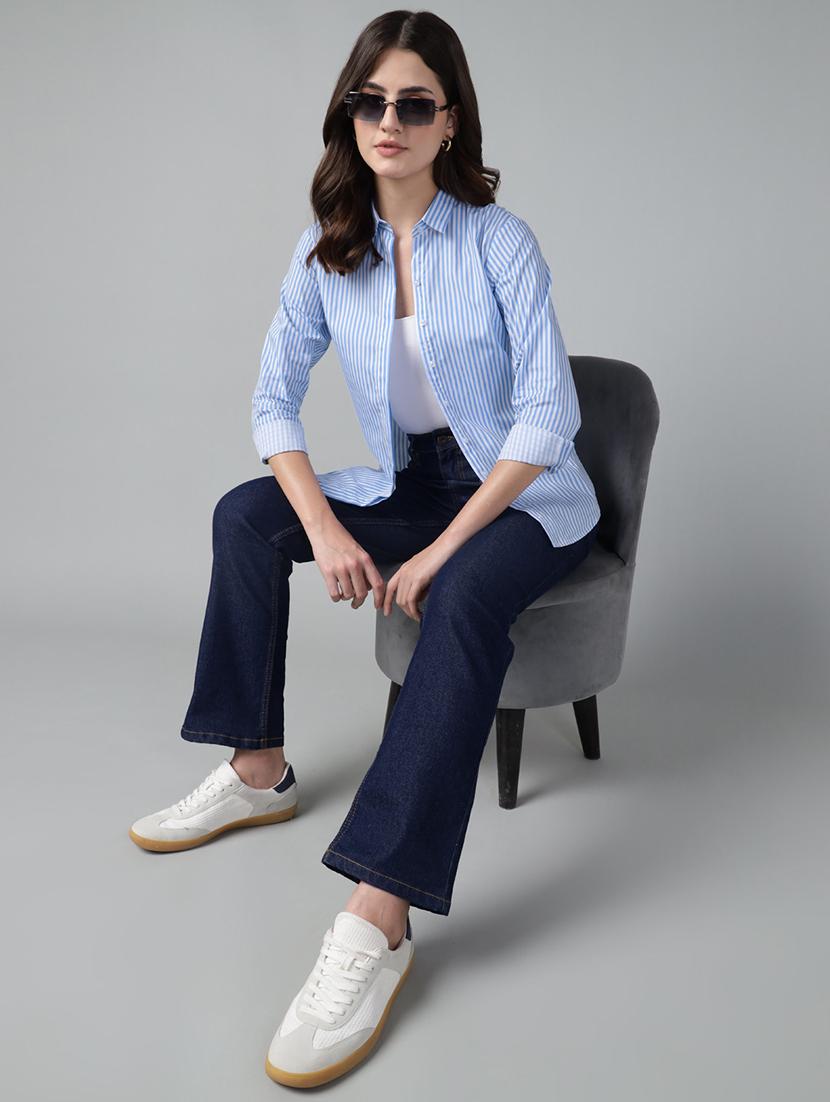 women striped collared long sleeve shirt - 22038531 - Standard Image - 4