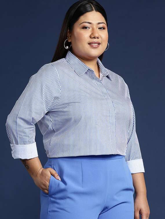 women plus size striped collared long sleeve shirt - 22038533 -  Standard Image - 1