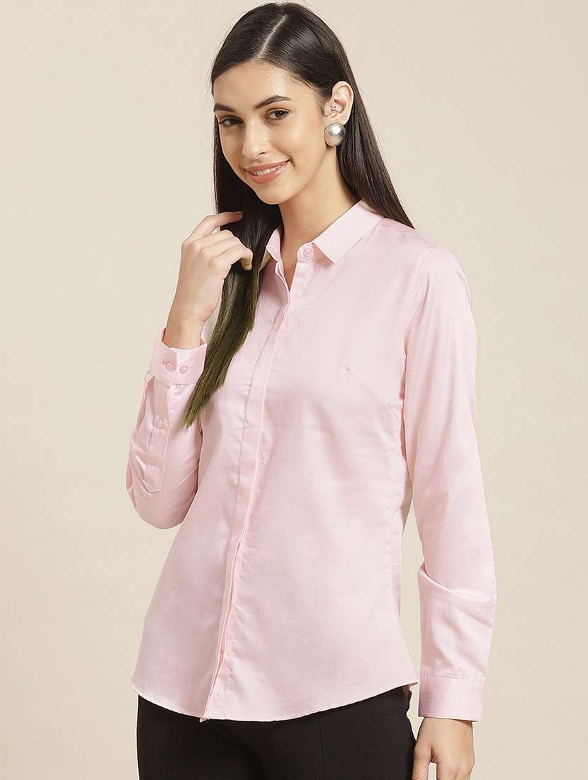 women solid collared long sleeve shirt