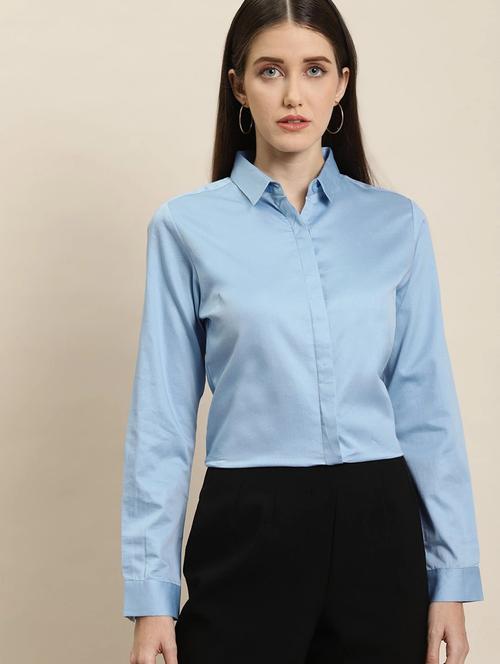 women solid collared long sleeve shirt - 22038538 -  Standard Image - 0