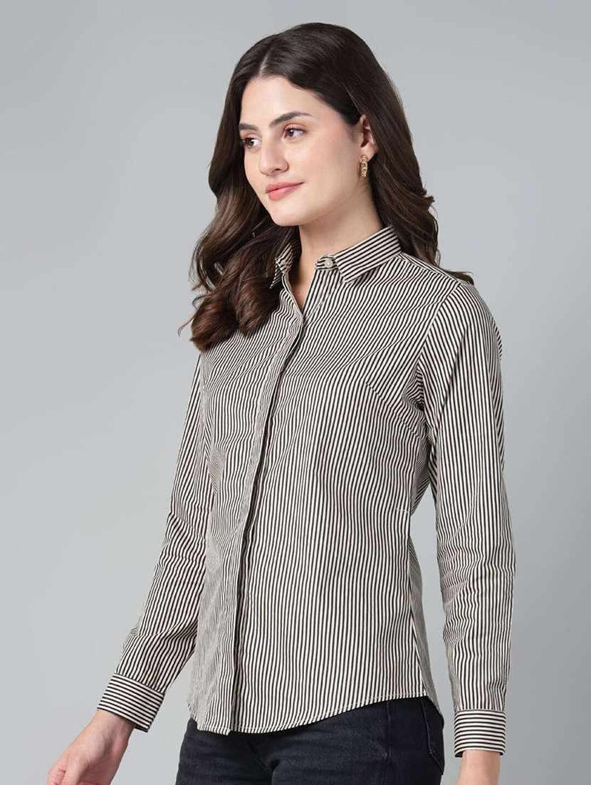women striped collared long sleeve shirt - 22038540 -  Standard Image - 1