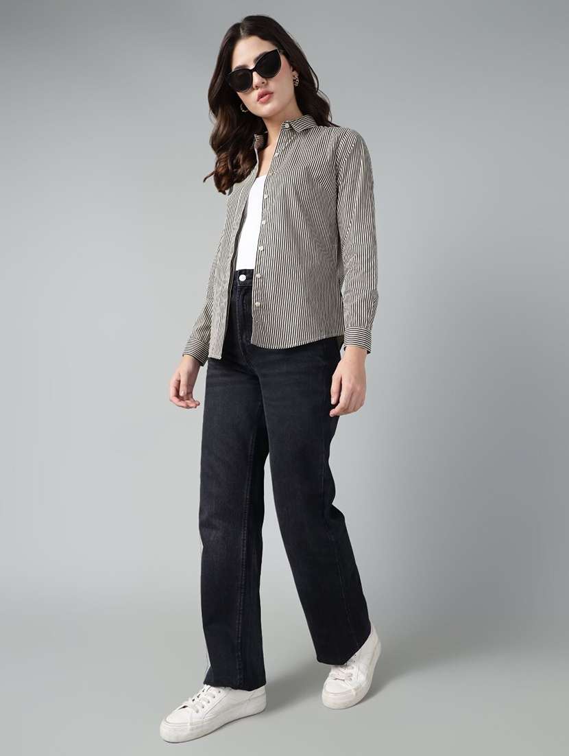 women striped collared long sleeve shirt - 22038540 - Standard Image - 4