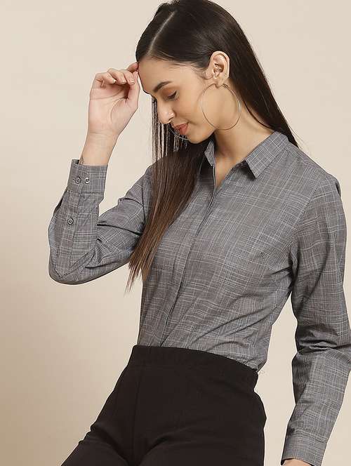 women solid collared long sleeve shirt - 22038545 -  Standard Image - 0