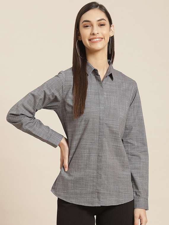women solid collared long sleeve shirt - 22038545 - Standard Image - 1