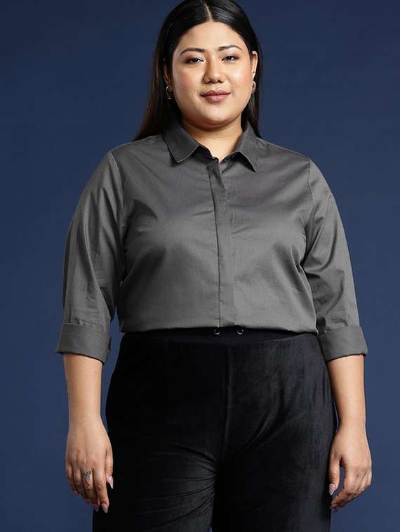 women plus size solid collared long sleeve shirt