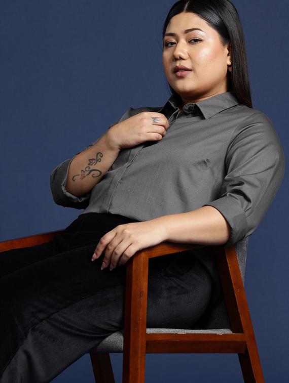 women plus size solid collared long sleeve shirt - 22038551 - Standard Image - 1