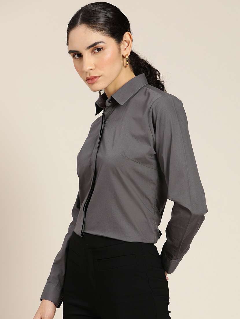 women solid collared long sleeve shirt - 22038553 -  Standard Image - 1