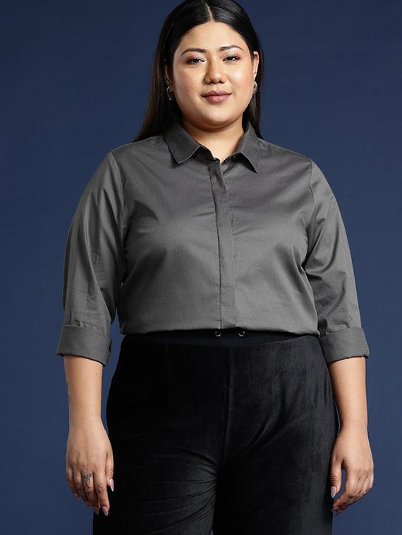 women plus size solid collared long sleeve shirt - 22038554 - Zoom Image - 0