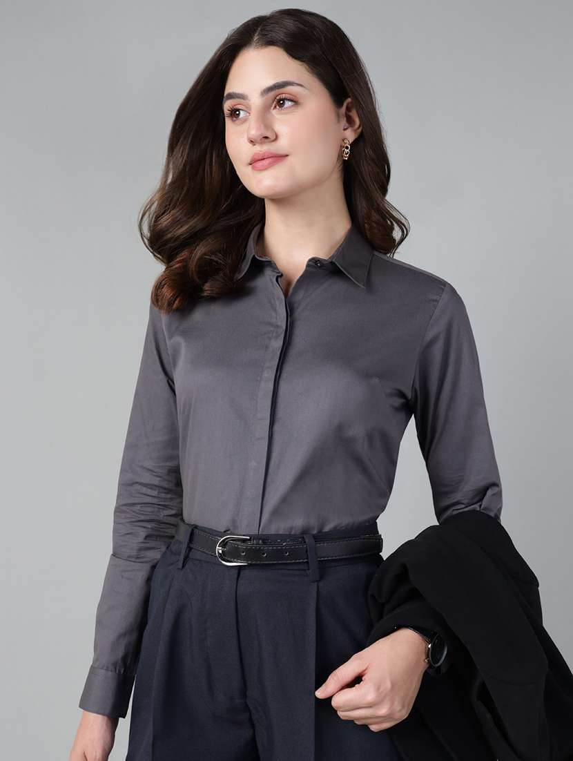 women solid collared long sleeve shirt