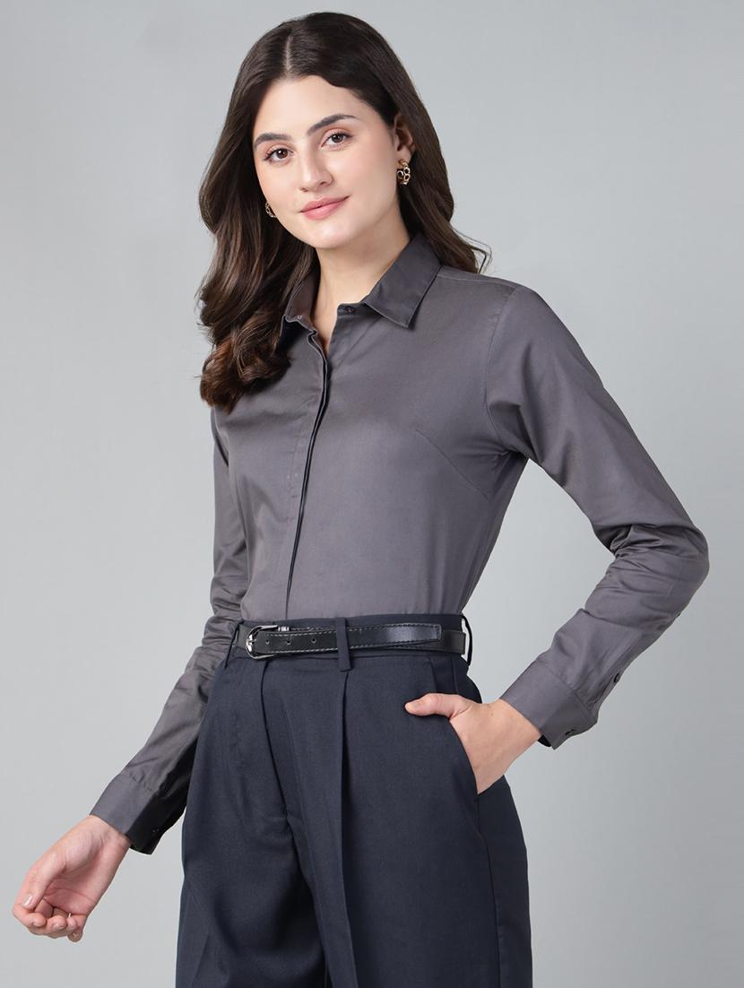 women solid collared long sleeve shirt - 22038555 - Standard Image - 1