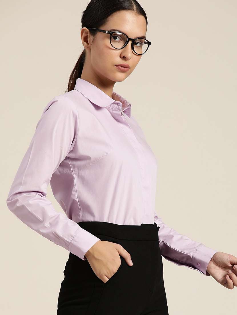 women solid collared long sleeve shirt - 22038556 -  Standard Image - 1