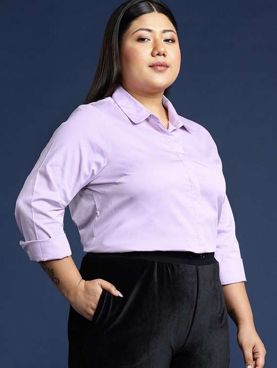 women plus size solid collared long sleeve shirt - 22038557 -  Standard Image - 1