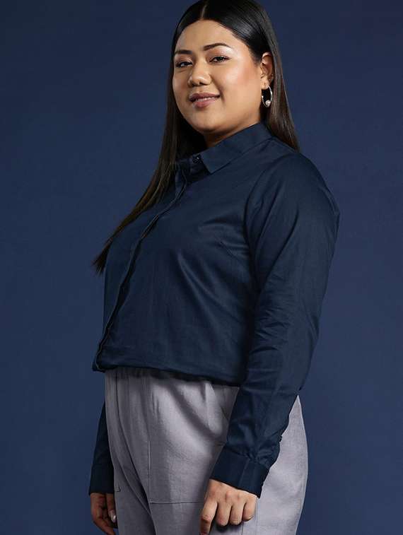 women plus size solid collared long sleeve shirt - 22038559 -  Standard Image - 1