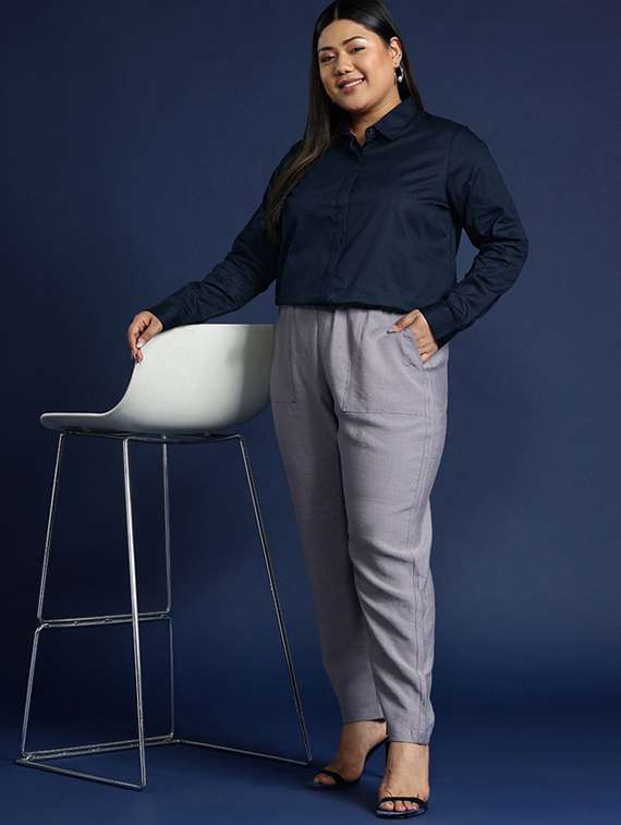 women plus size solid collared long sleeve shirt - 22038559 -  Standard Image - 4