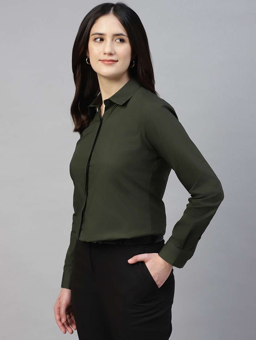 women solid collared long sleeve shirt - 22038560 -  Standard Image - 1