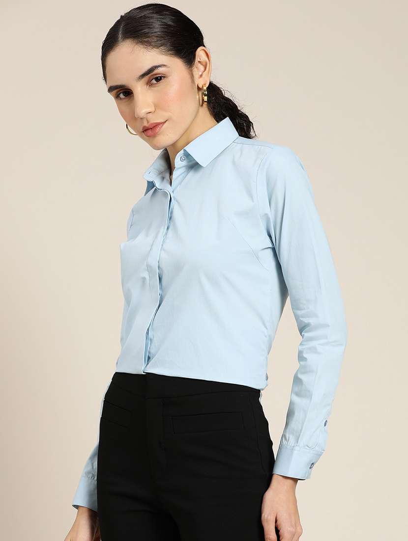 women solid collared long sleeve shirt - 22038561 - Standard Image - 1