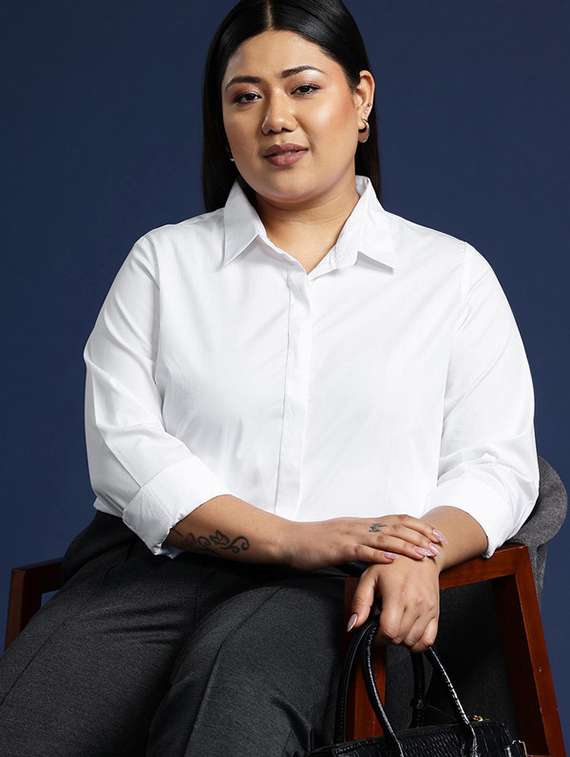 women plus size solid collared long sleeve shirt