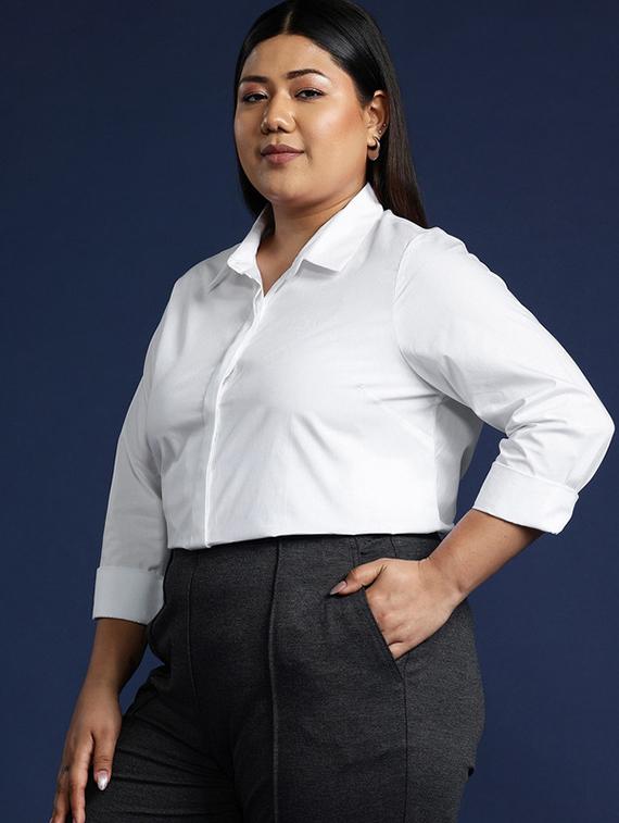 women plus size solid collared long sleeve shirt - 22038563 -  Standard Image - 1