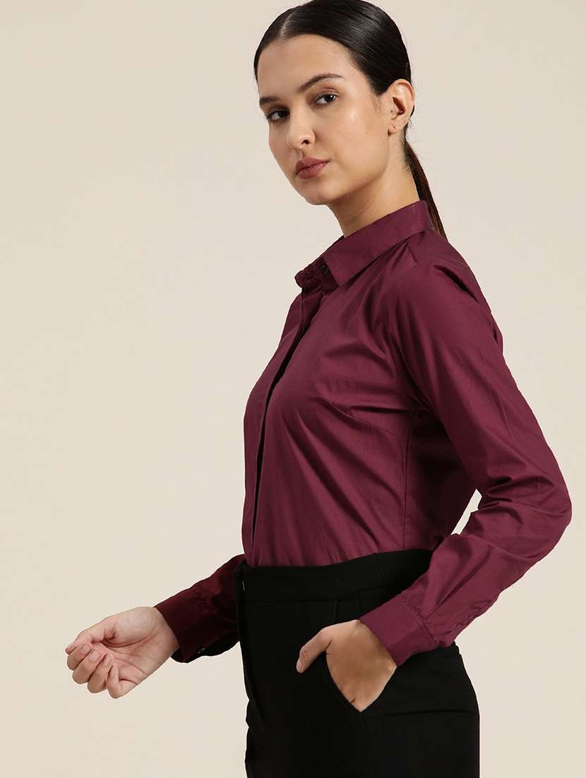 women solid collared long sleeve shirt - 22038564 -  Standard Image - 1