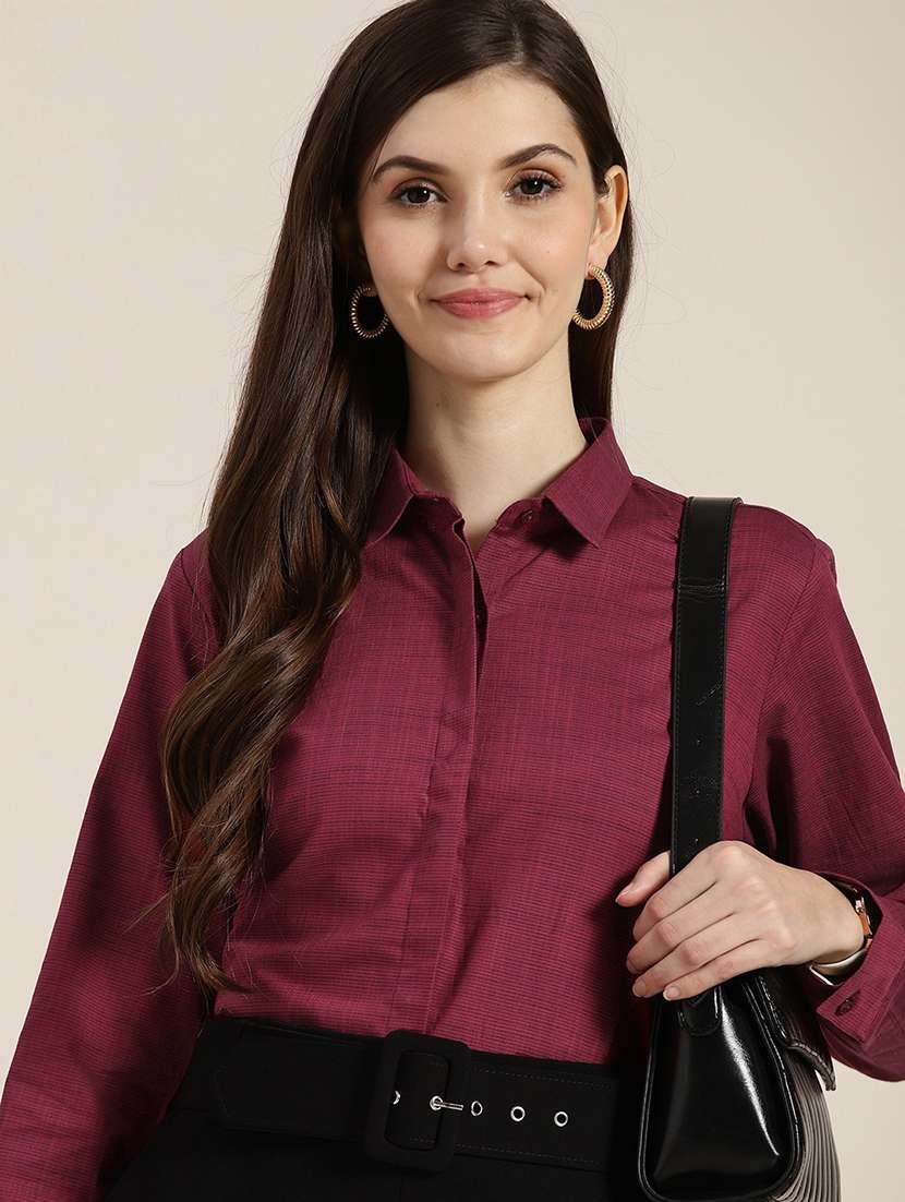 women solid collared long sleeve shirt