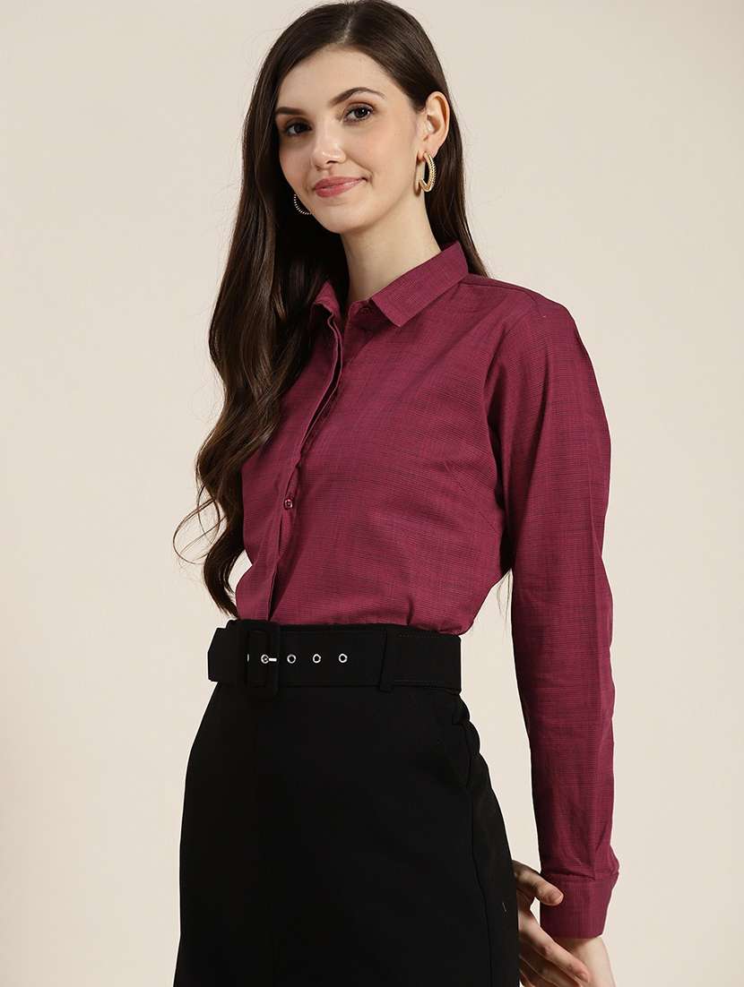 women solid collared long sleeve shirt - 22038567 -  Standard Image - 1
