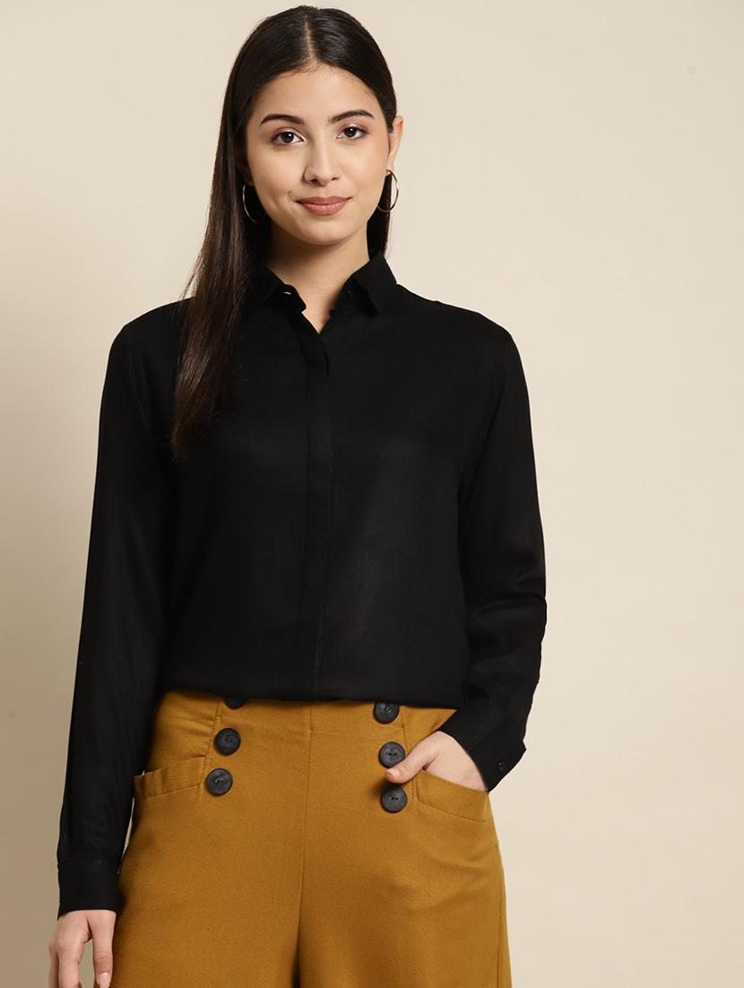women solid collared long sleeve shirt - 22038572 - Standard Image - 1