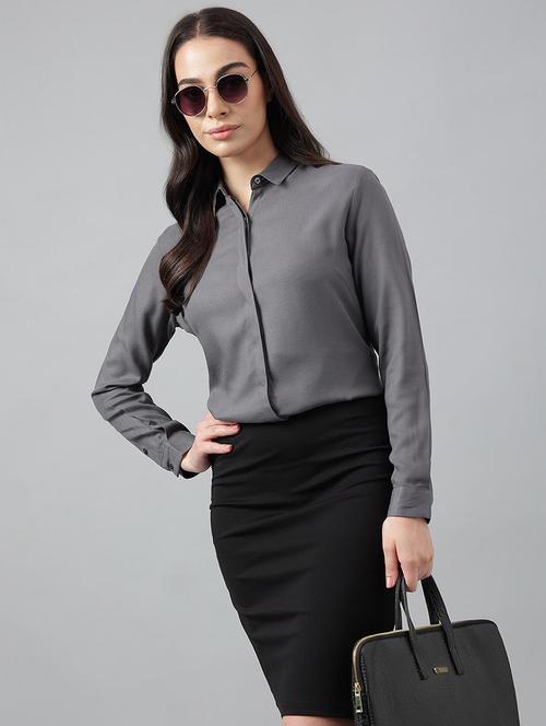women solid collared long sleeve shirt - 22038574 - Standard Image - 0