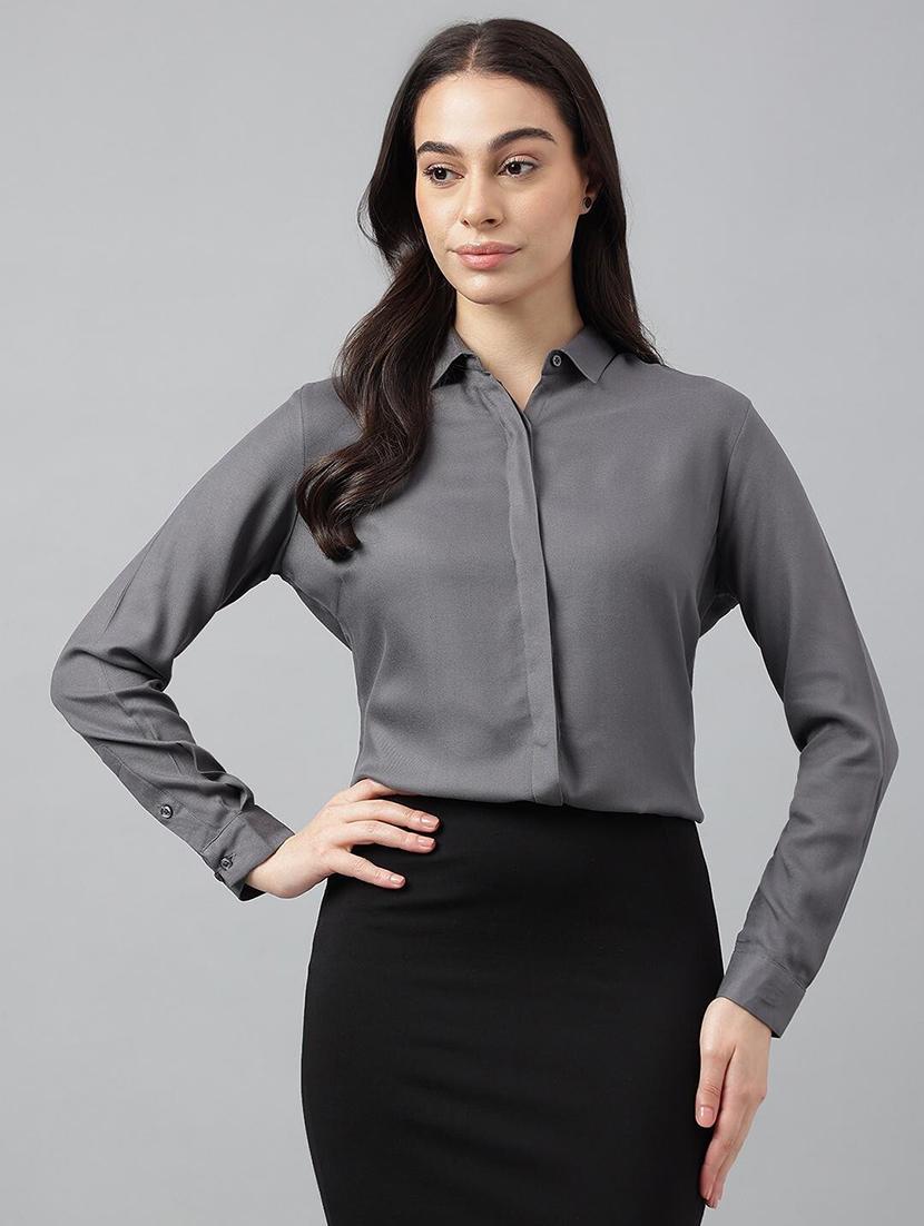 women solid collared long sleeve shirt - 22038574 - Standard Image - 1