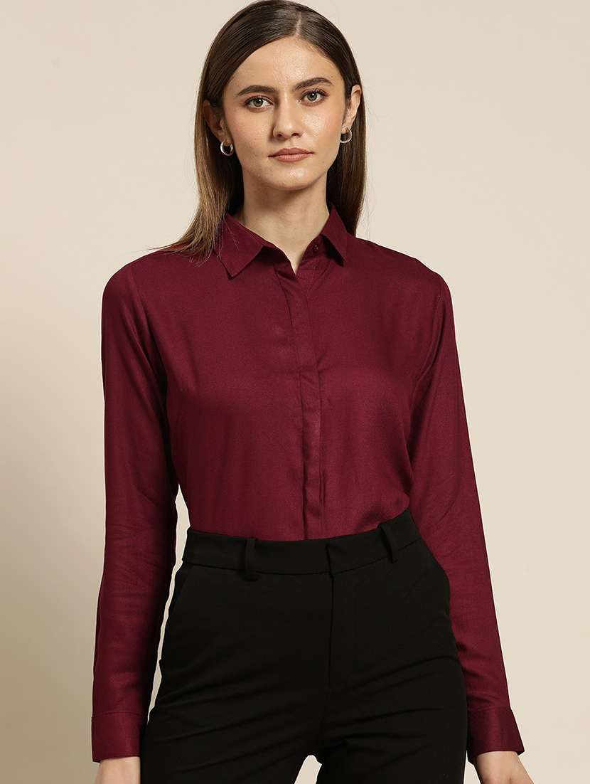 women solid collared long sleeve shirt - 22038575 -  Standard Image - 1
