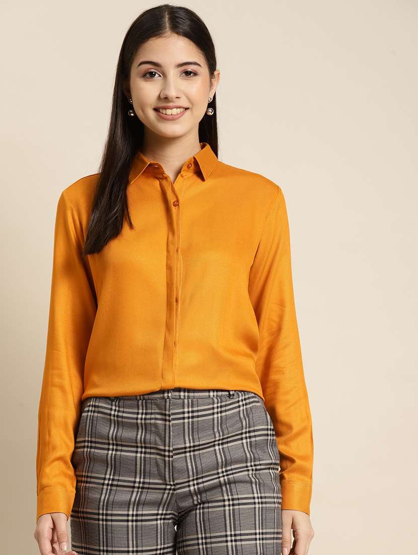women solid collared long sleeve shirt - 22038576 -  Standard Image - 1