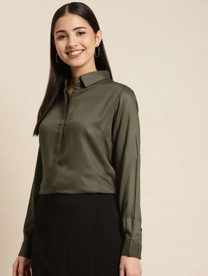 women solid collared long sleeve shirt - 22038577 -  Standard Image - 1