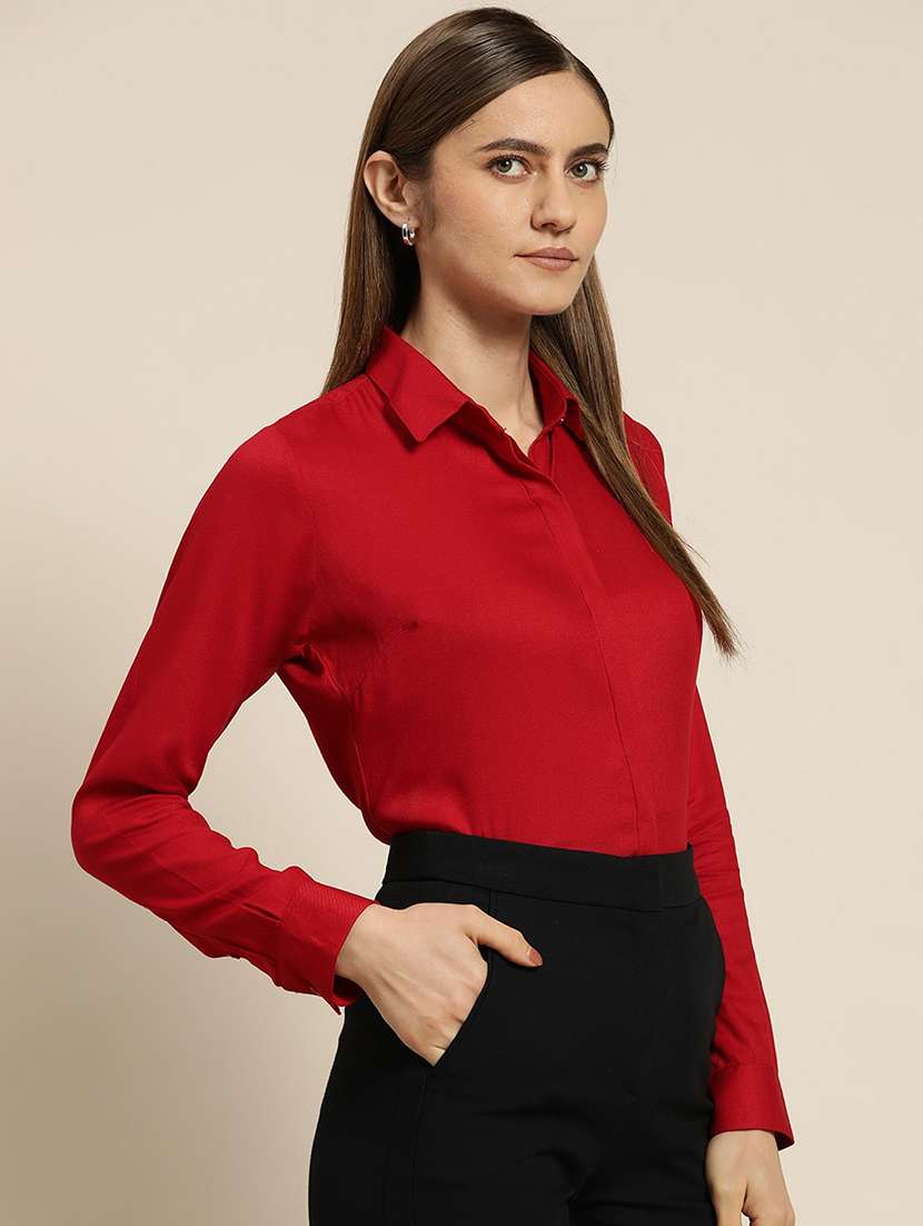 women solid collared long sleeve shirt - 22038578 -  Standard Image - 1
