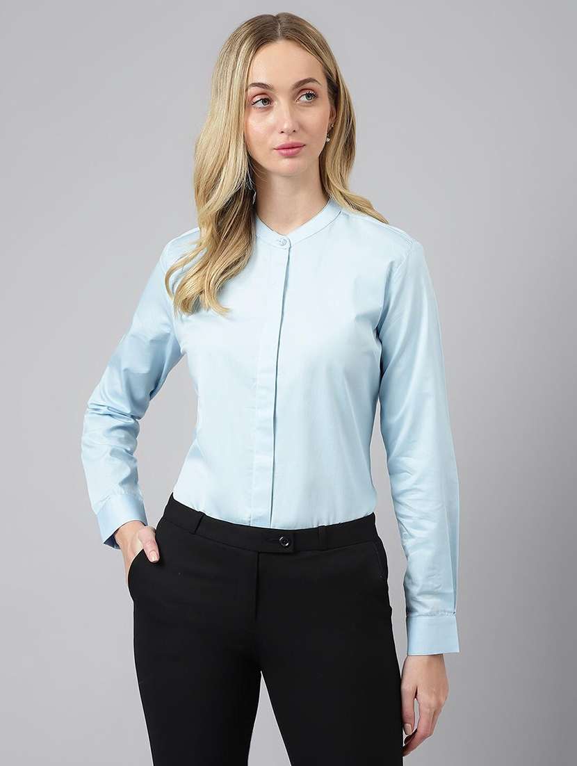 women solid mandarin collared long sleeve shirt - 22038595 -  Standard Image - 1