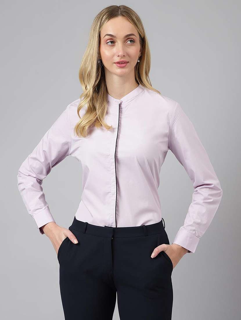women solid mandarin collared long sleeve shirt - 22038597 -  Standard Image - 1