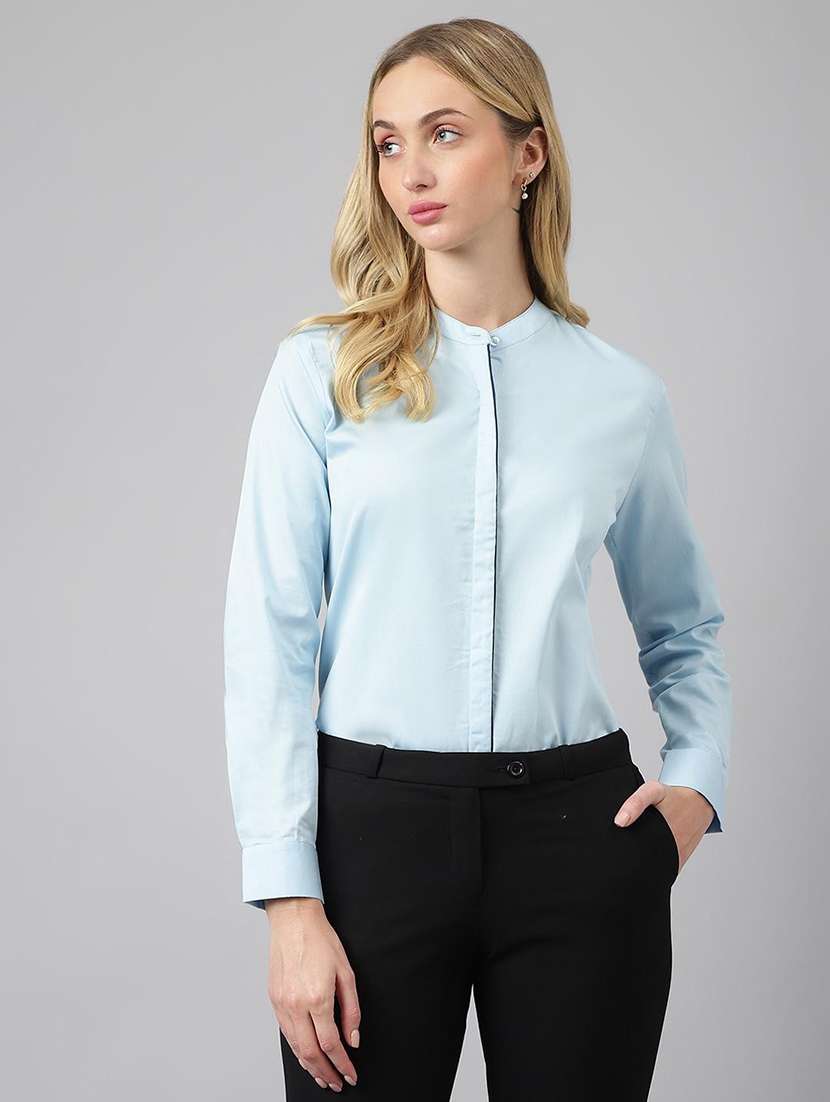 women solid mandarin collared long sleeve shirt - 22038598 -  Standard Image - 1