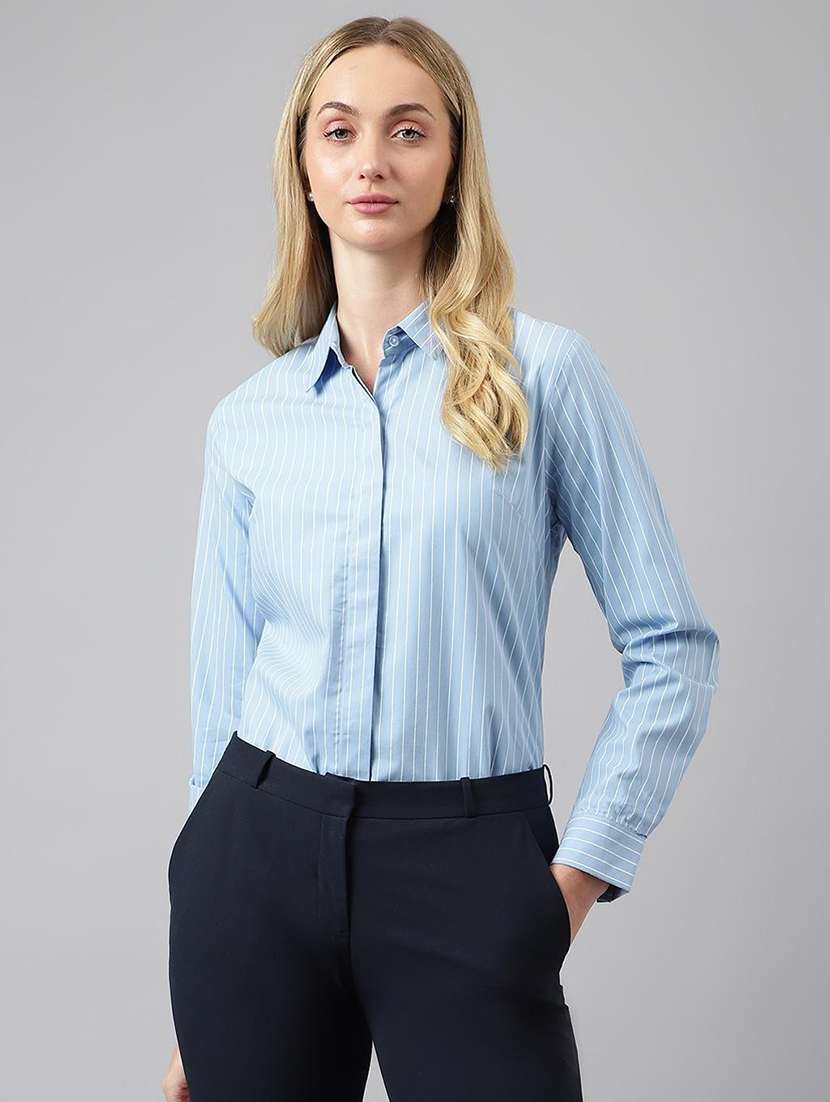 women solid collared long sleeve shirt - 22038600 -  Standard Image - 1