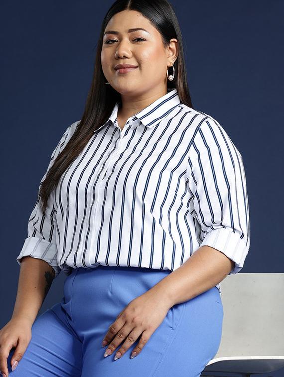 women striped collared long sleeves regular shirt - 22038605 - Standard Image - 1