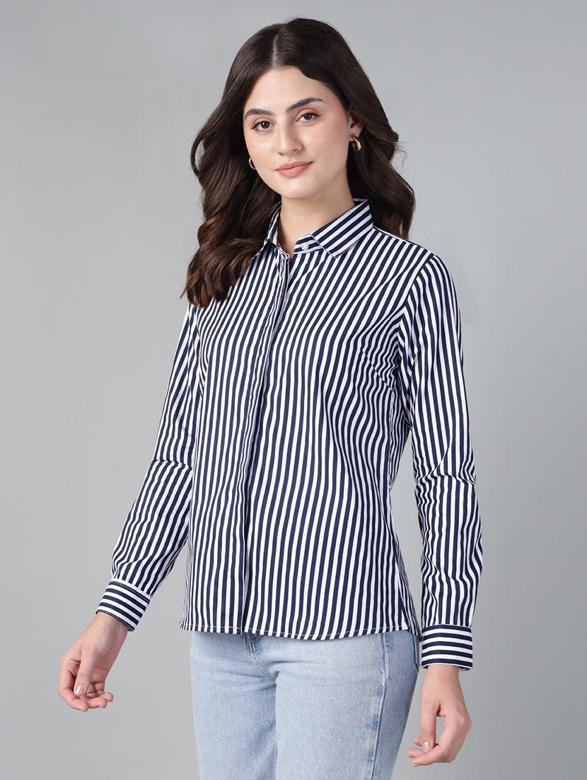 women striped collared long sleeve shirt - 22038606 - Zoom Image - 0
