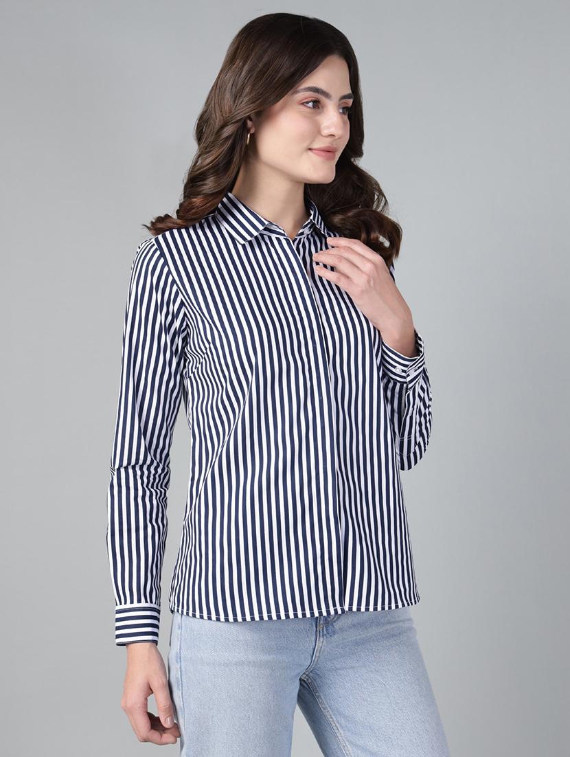 women striped collared long sleeve shirt - 22038606 - Standard Image - 1