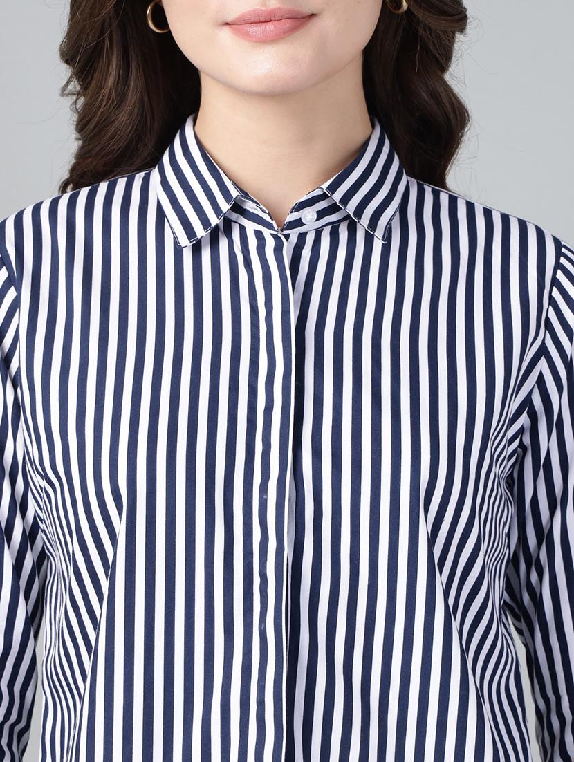 women striped collared long sleeve shirt - 22038606 - Standard Image - 4
