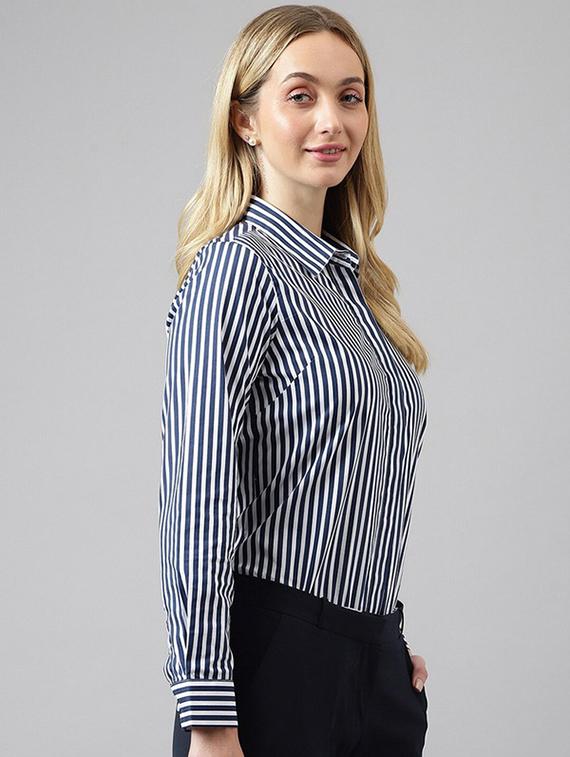 women striped collared long sleeves regular shirt - 22038607 - Standard Image - 1